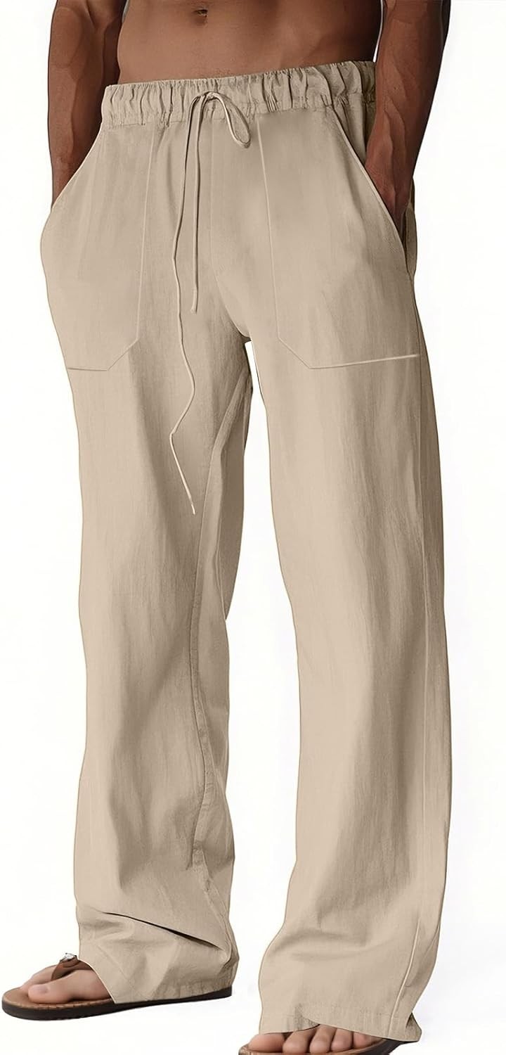 Mens Linen Casual Pants Loose Fit Drawstring Waist Lightweight Summer Beach Yoga