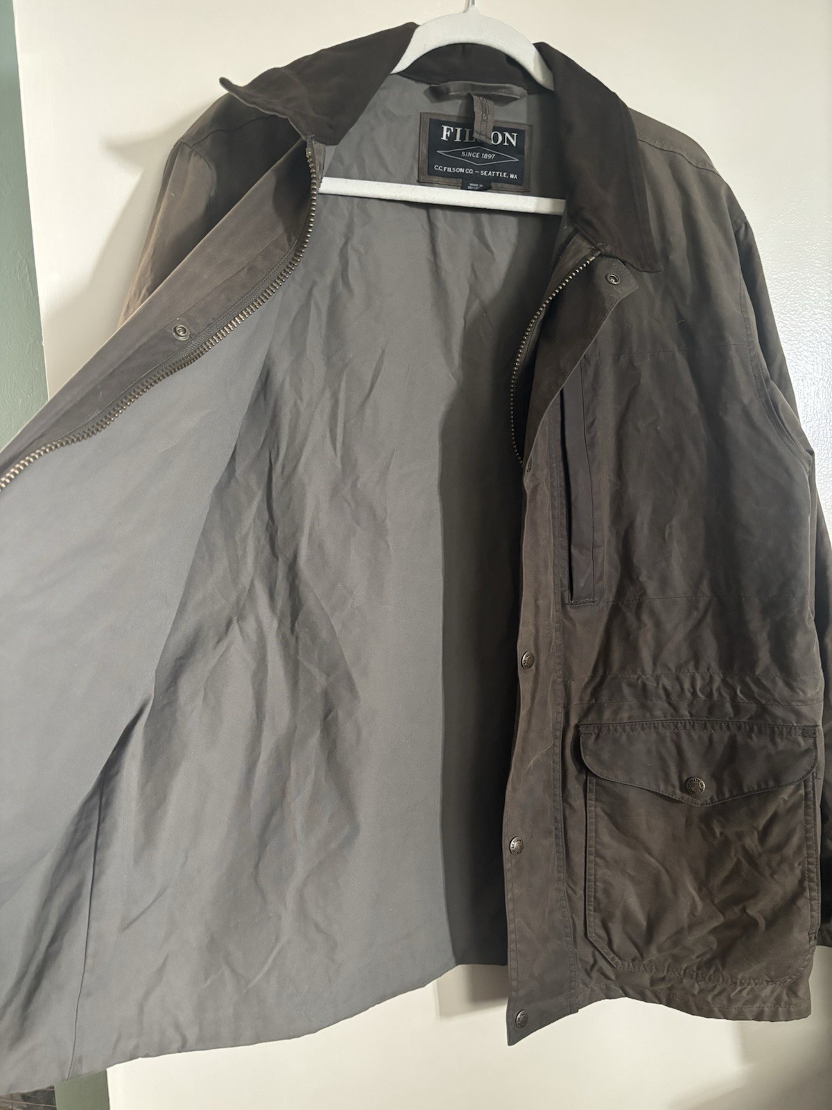 FILSON Mile Marker Jacket Otter Green Waxed Cover Cloth Coat Hunting Mens L