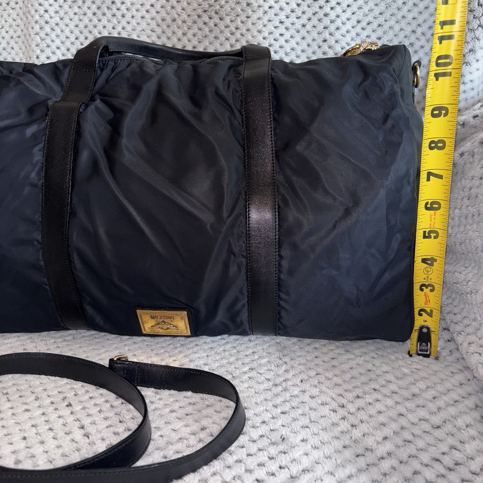 Moschino Redwall Italy Black Nylon Leather Block Leather Duffle Tote Bag “READ”