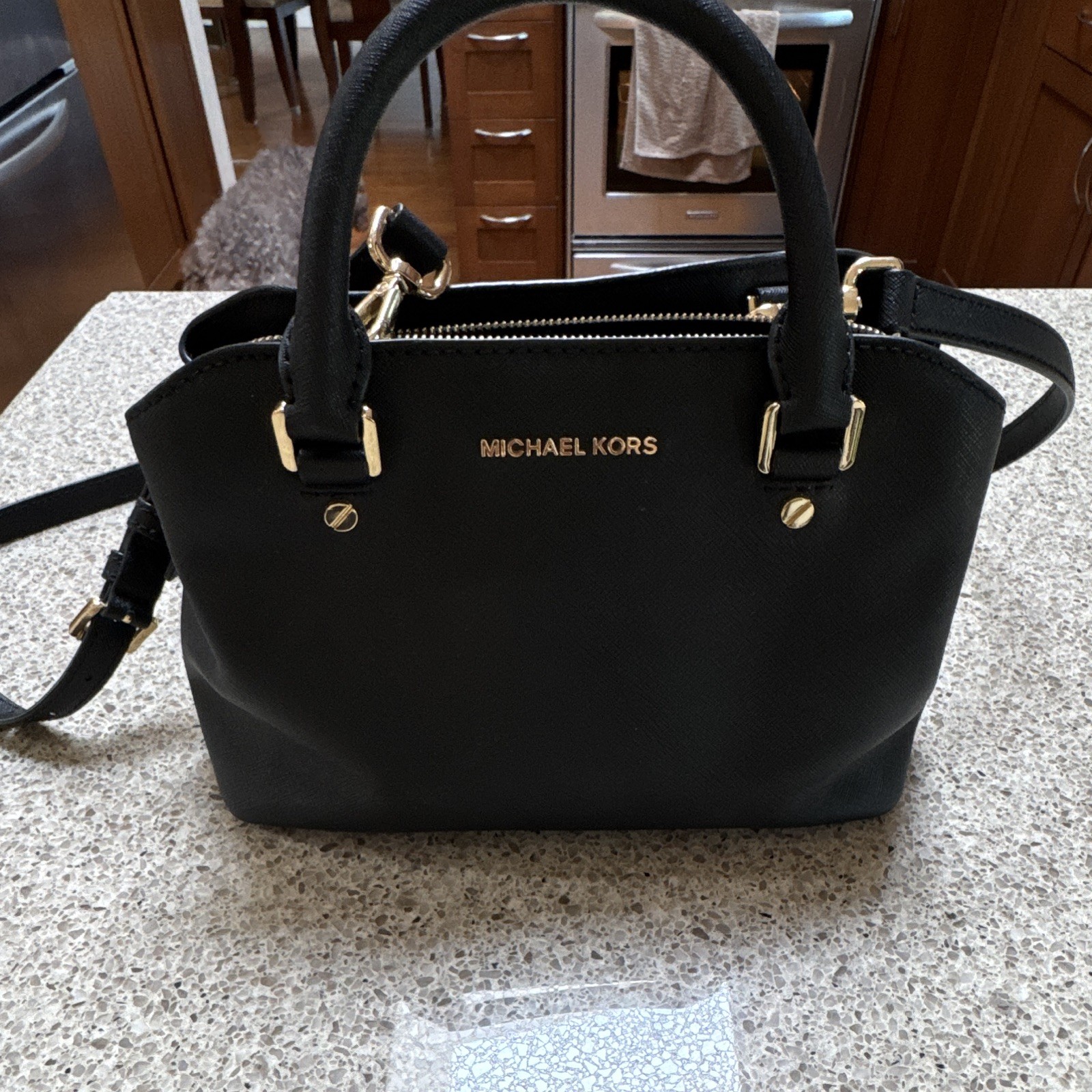 Michael Kors Black Satchel Top Handle Zip Bag, Detachable Crossbody, Gold