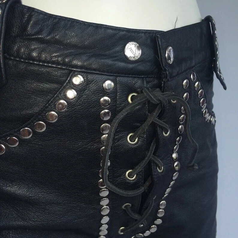 70s Vintage Biker Leather Shorts Women’s High Waisted Lace Up Studded Black Hot