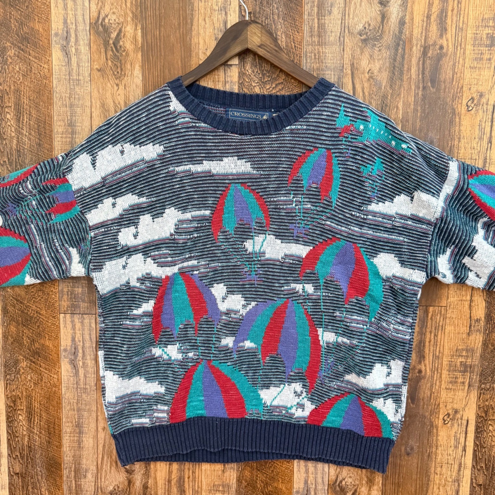 Vintage Crossings Mens Large Cotton Hot Air Balloon Cloud Knit Sweater Navy USA