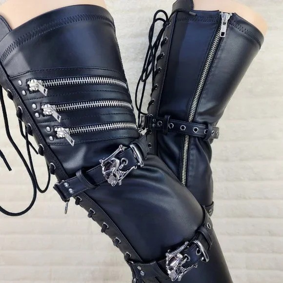 Shaker 420 Black sTRETCH 4.5″ Wedge Heel OTK Thigh Boots Skulls Zippers NY DEMON