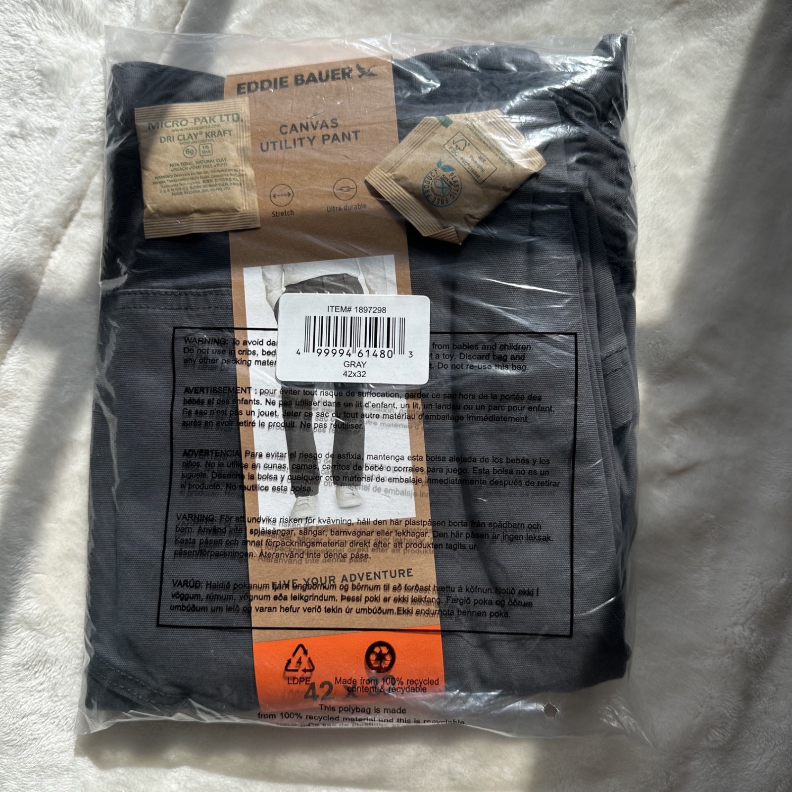 Eddie Bauer Canvas Utility Pants Men’s 42×32 Gray Stretch Work Outdoor NEW
