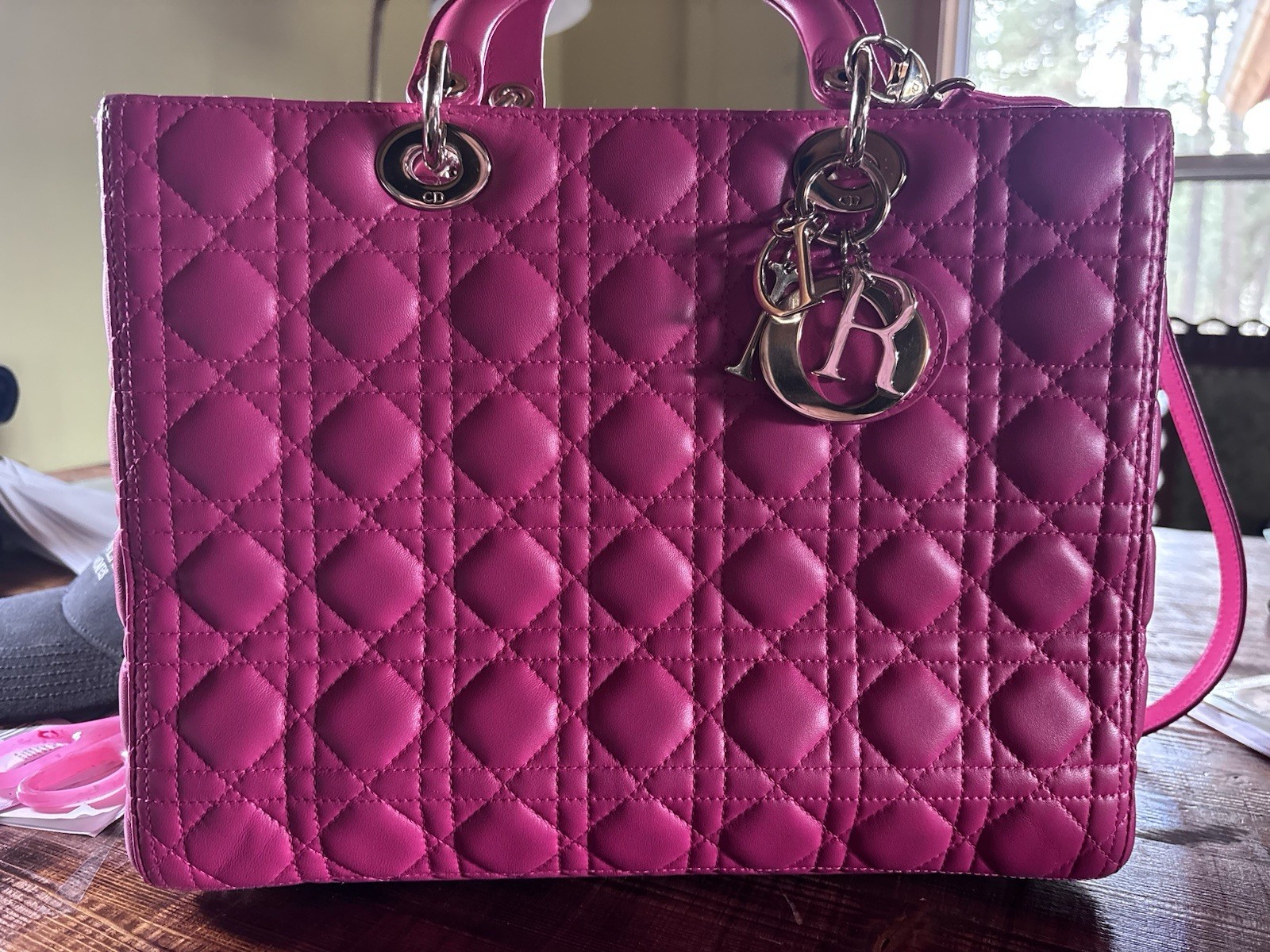 Christian Dior Pink Quilted Top Handle Zip Bag w/ Charm, Medium Lady Dior