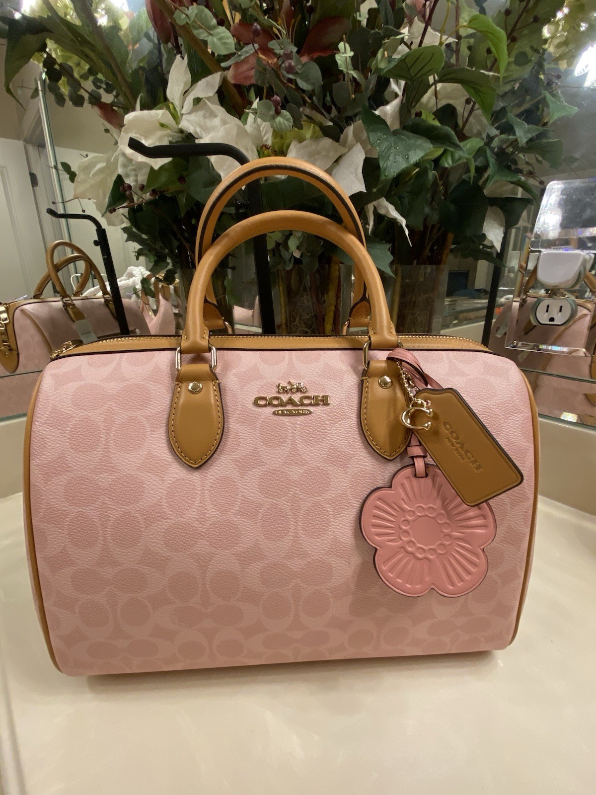 Coach Pink Signature Logo Crossbody Bag Top Handle Zip Gold Hardware Bag Charm