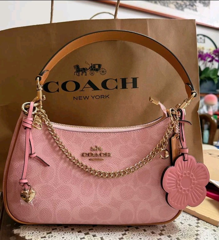 Coach Pink Signature Logo Shoulder Bag Zip Chain Strap Detachable Flower Charm