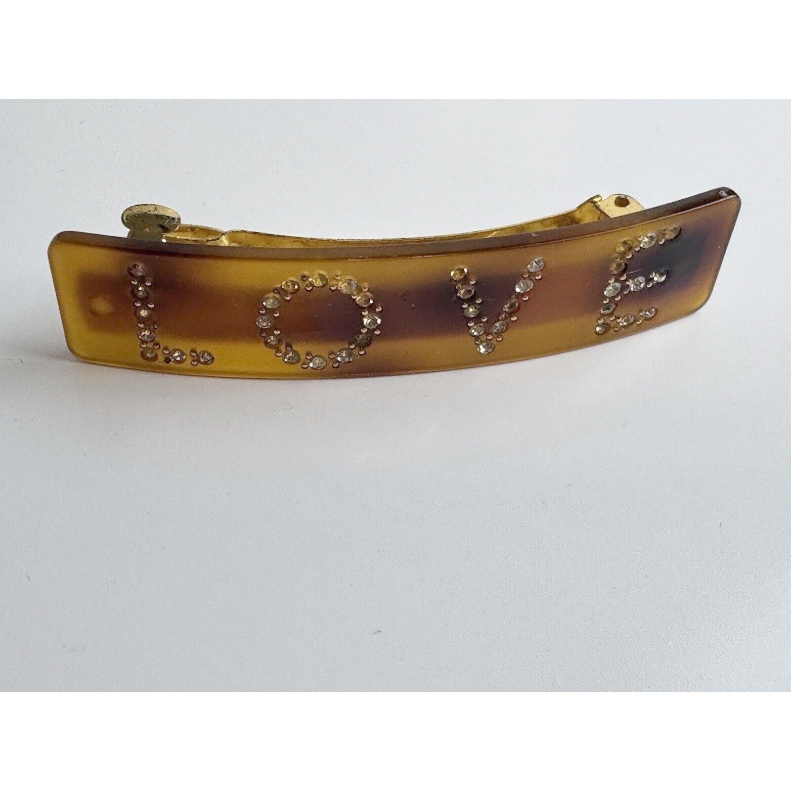 Vintage Amber Tortoiseshell LOVE Rhinestone Hair Barrette French Clip J-01