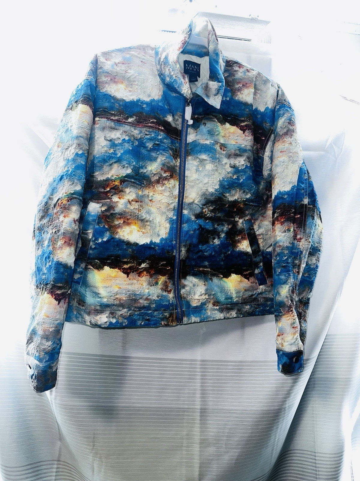 MAN GOODMAN Blue Multicolor Abstract Bomber Jacket Full Zip L Men