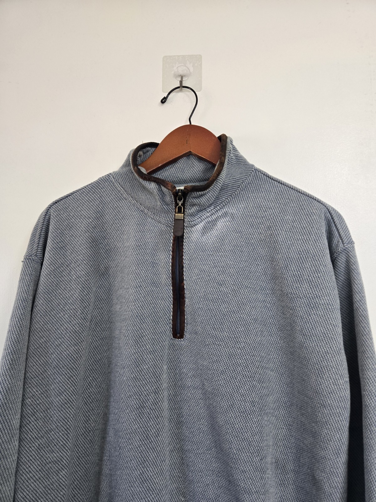 Orvis Sweater Mens Large Pullover 1/4 Zip Blue Grey Leather Elbow Pads Preppy