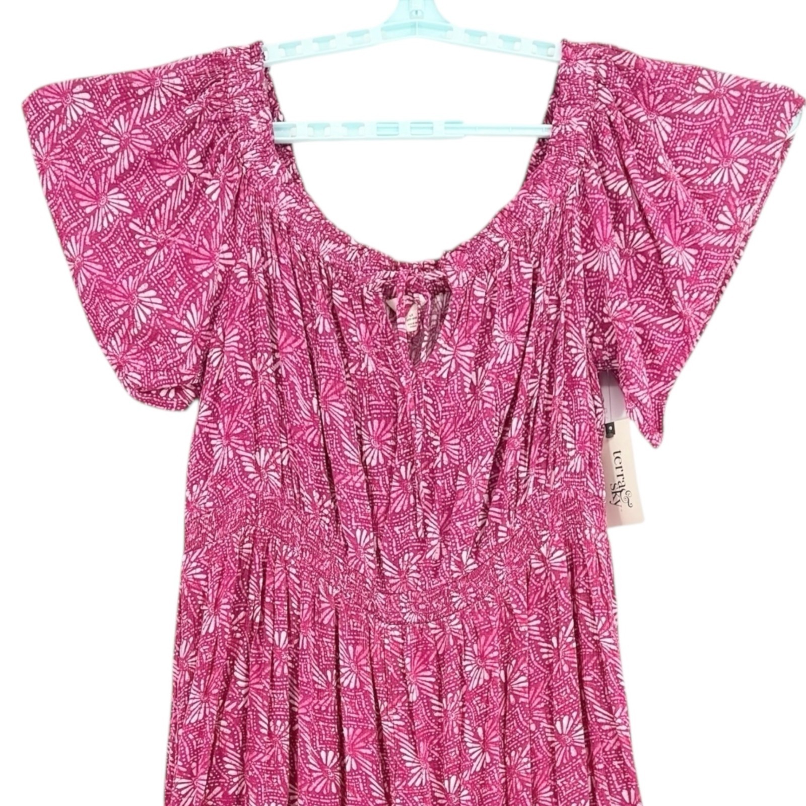 Terra & Sky Pink Summer Maxi Dress Size 0X 14W Off Shoulder Batik Geometric NWT