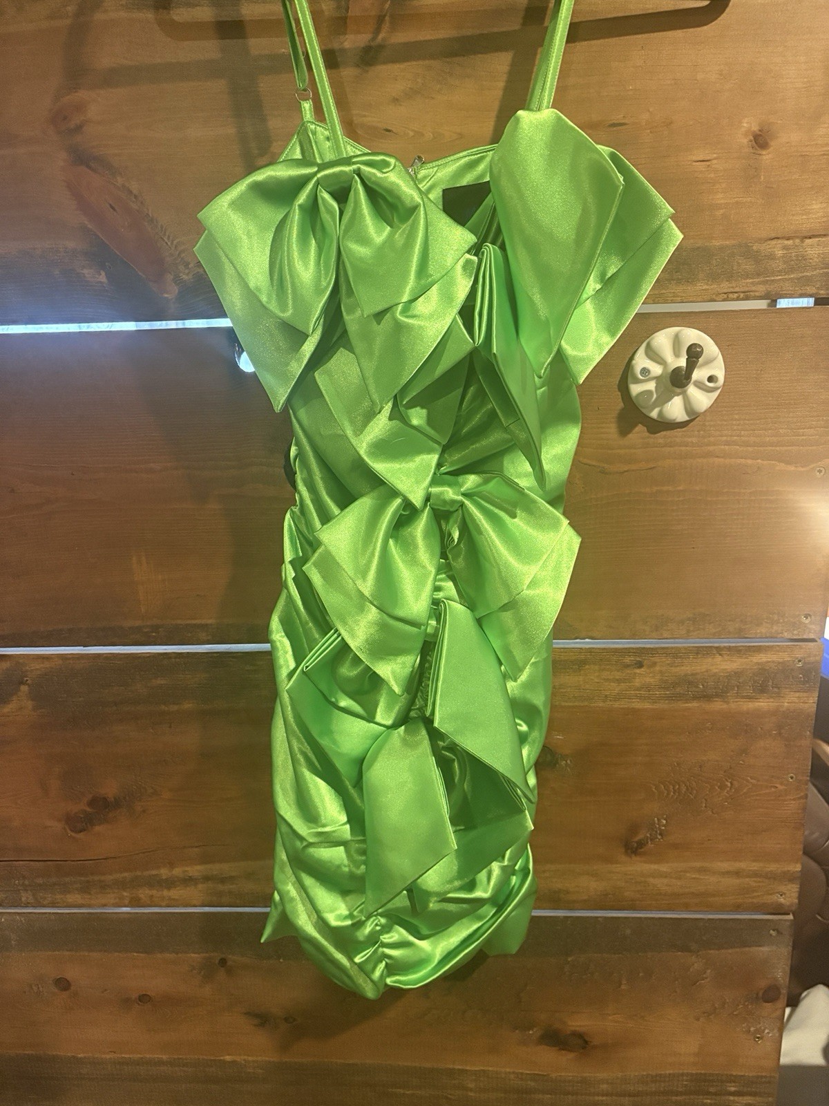 Mia Vesper Lime Green Sateen Dress With Many Bow Accents Adjustable Straps Small