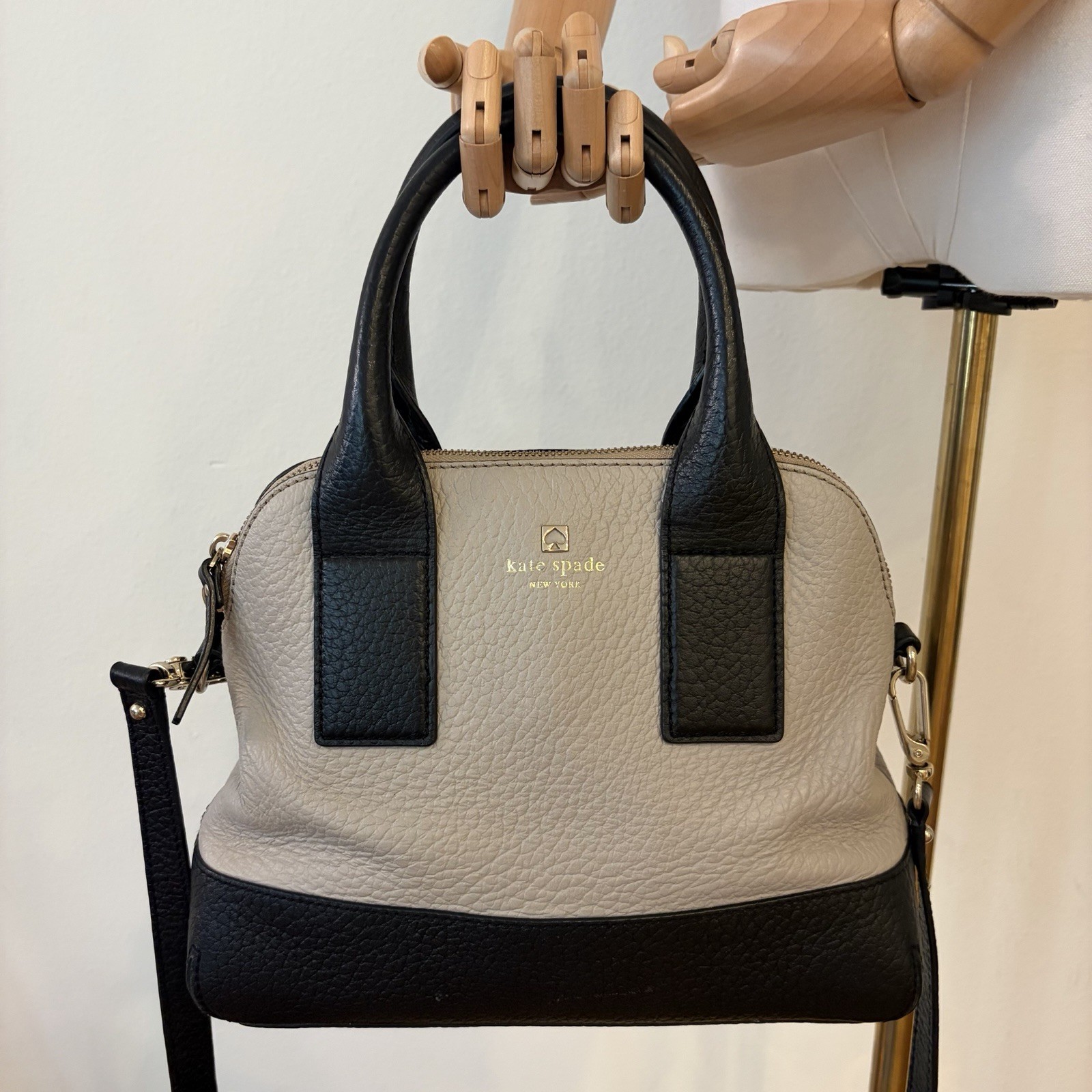 ⁠Kate Spade Leather Satchel Crossbody Bag Two Tone Black Taupe Purse Handbag