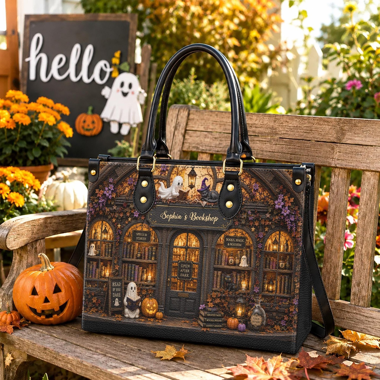 Personalized Halloween Bookshop Leather Handbag, Custom Name Ghost and Black Cat