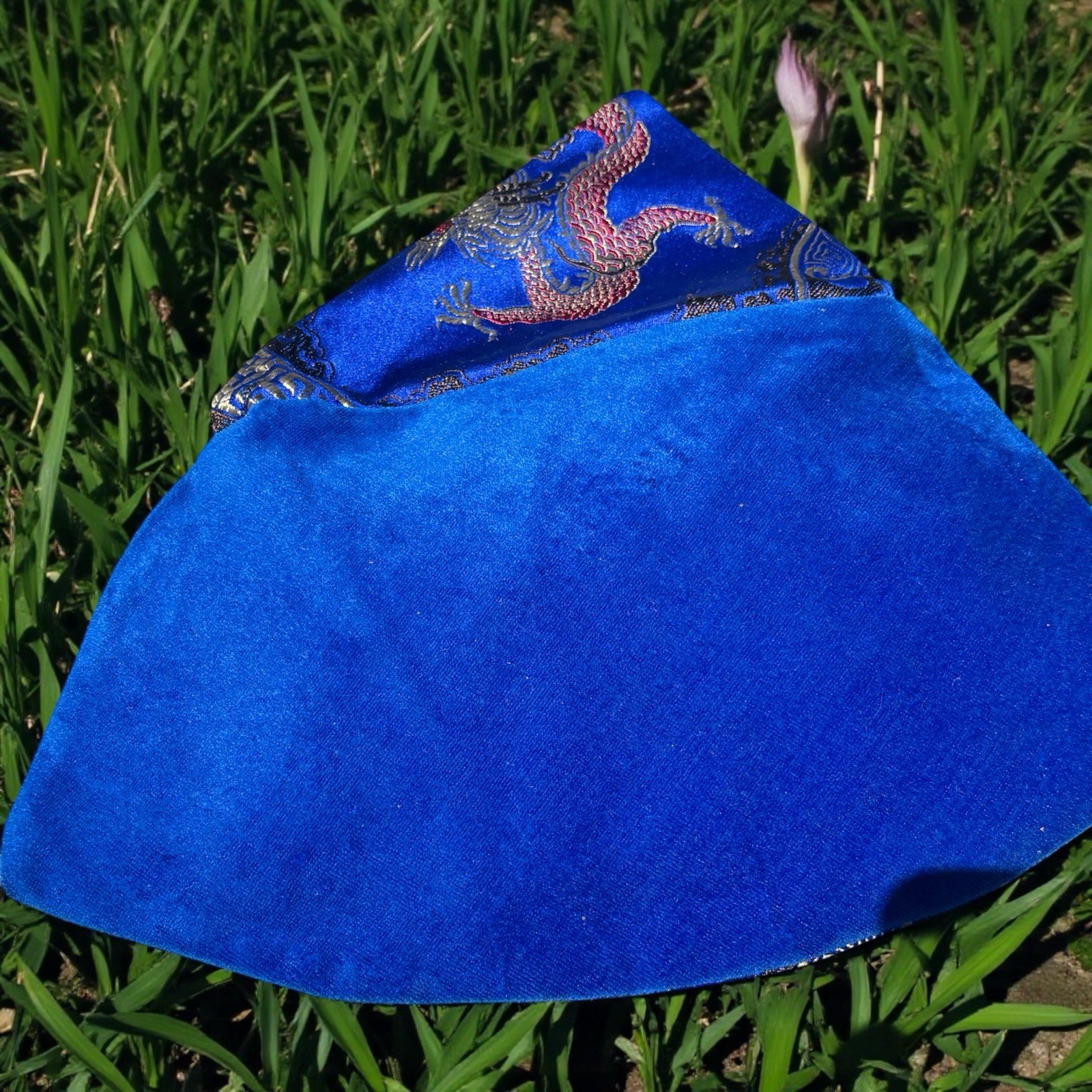Blue Embroidered Bird Design Patterned Fabric, silk brocade and velvet up cycled