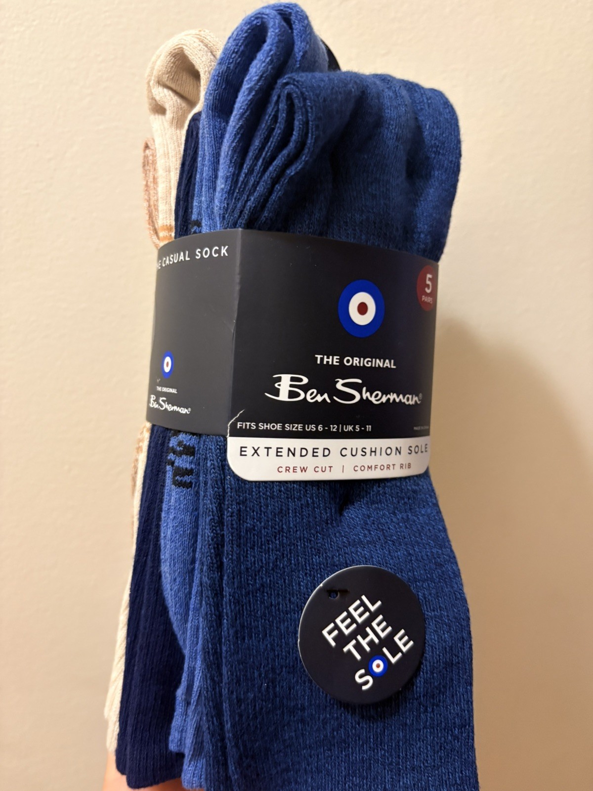 Ben Sherman Men’s 5 Pairs Blue & Tan Extended Cushion Crew Cut Size 6-12 New