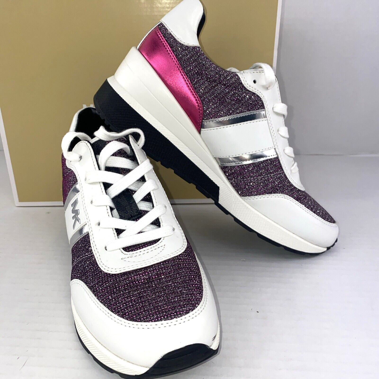 Michael Kors Mabel Trainers Sneakers Merlot Size 9 White Pink Glitter B3F