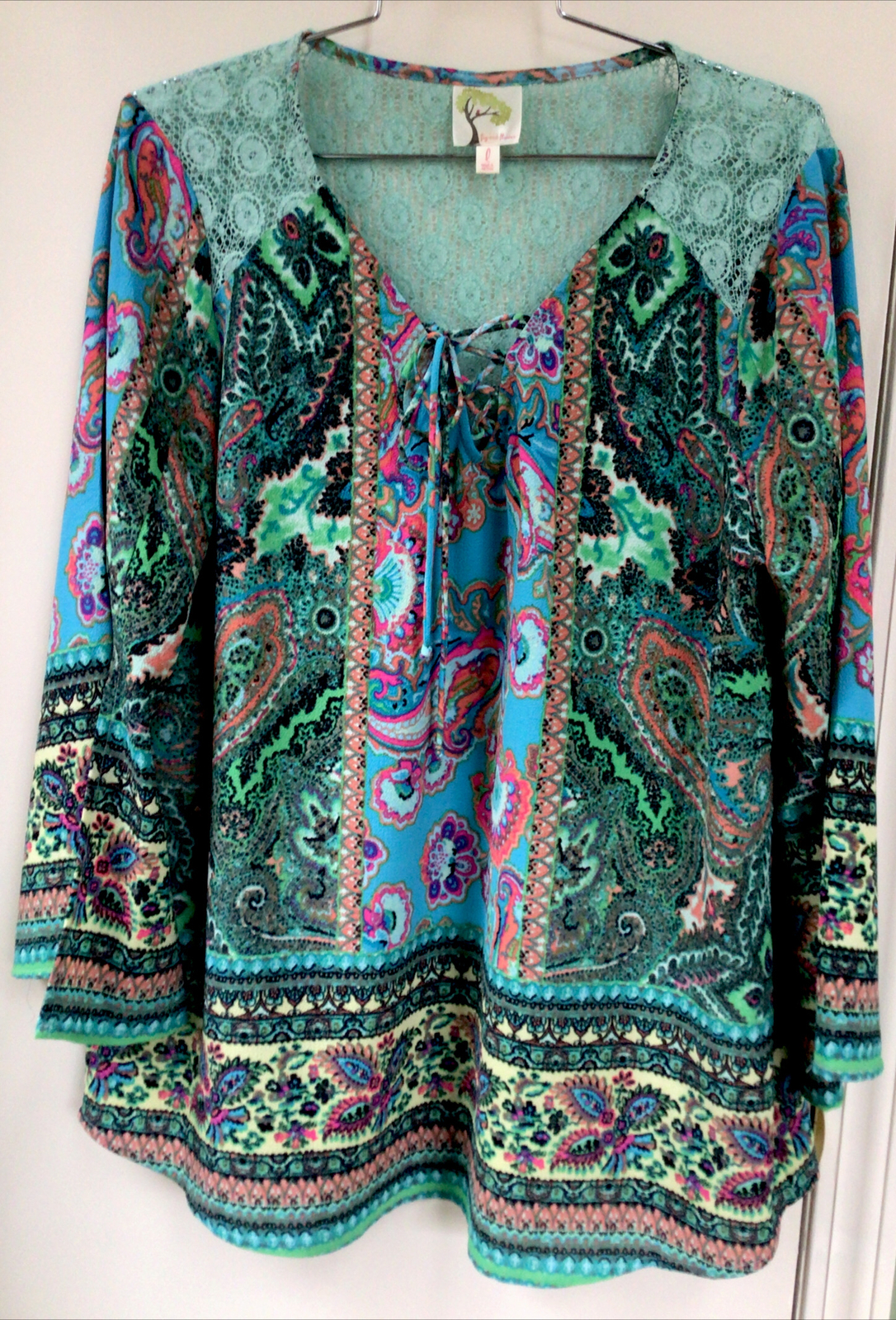 Anthropologie Fig Flower Size L Turquoise Blue Floral Boho Peasant TUNIC Top