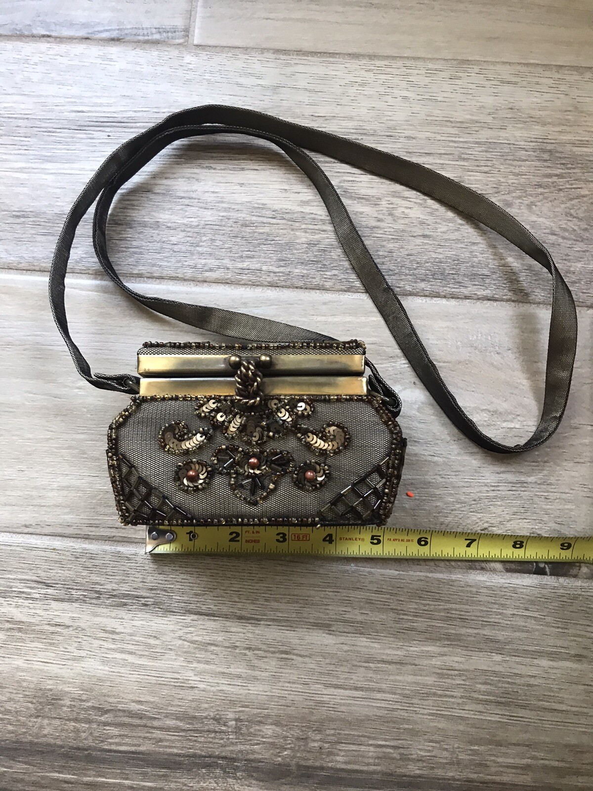 Indian Beaded Sequin Bronze Silk Wide Hipped Pouch Purse Elegant Evening