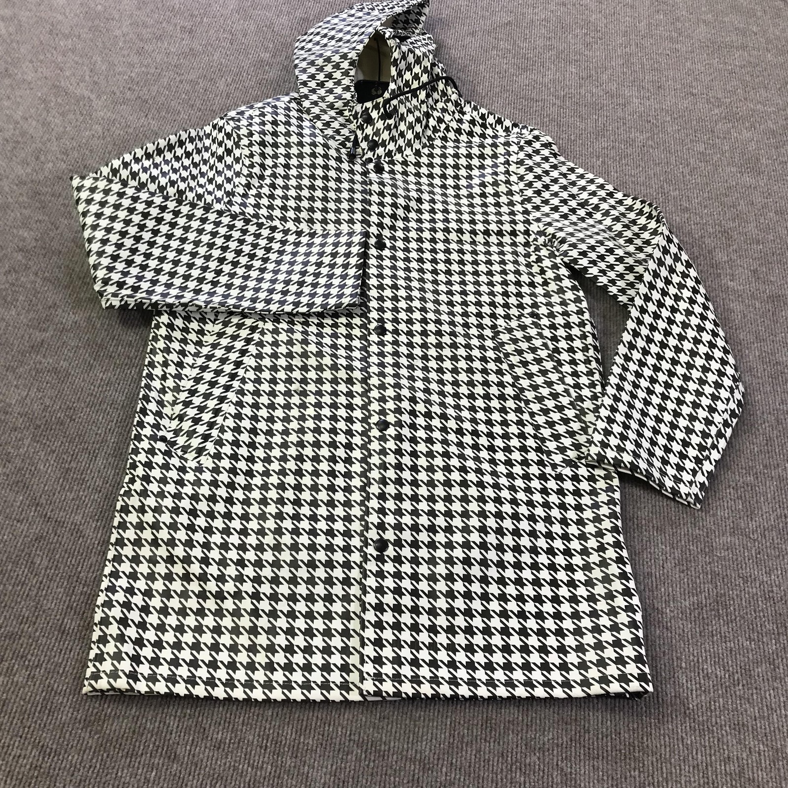 Stutterheim Raincoat Jacket Mens XS Black White Houndstooth Hooded Rain Parka