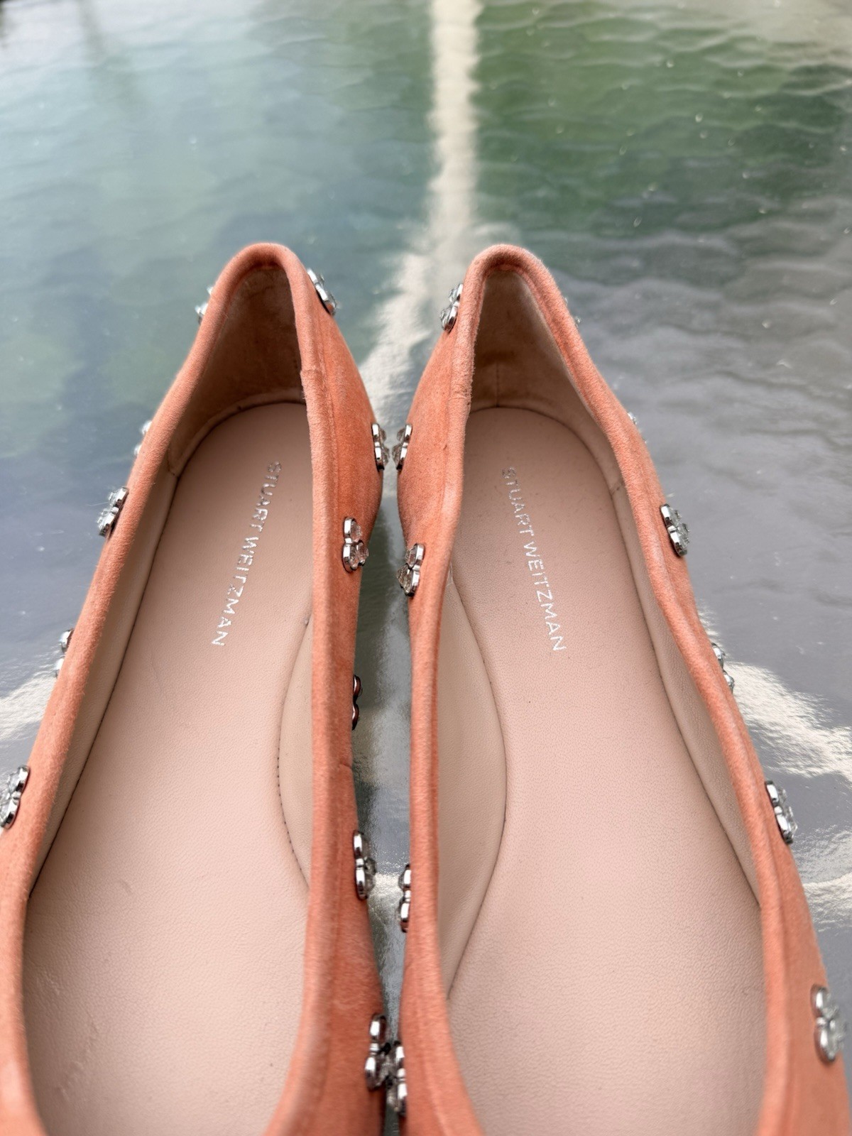 Stuart Weitzman Womens Ballet Flats US 6 Pink Suede Round Toe Bow Rhinestone