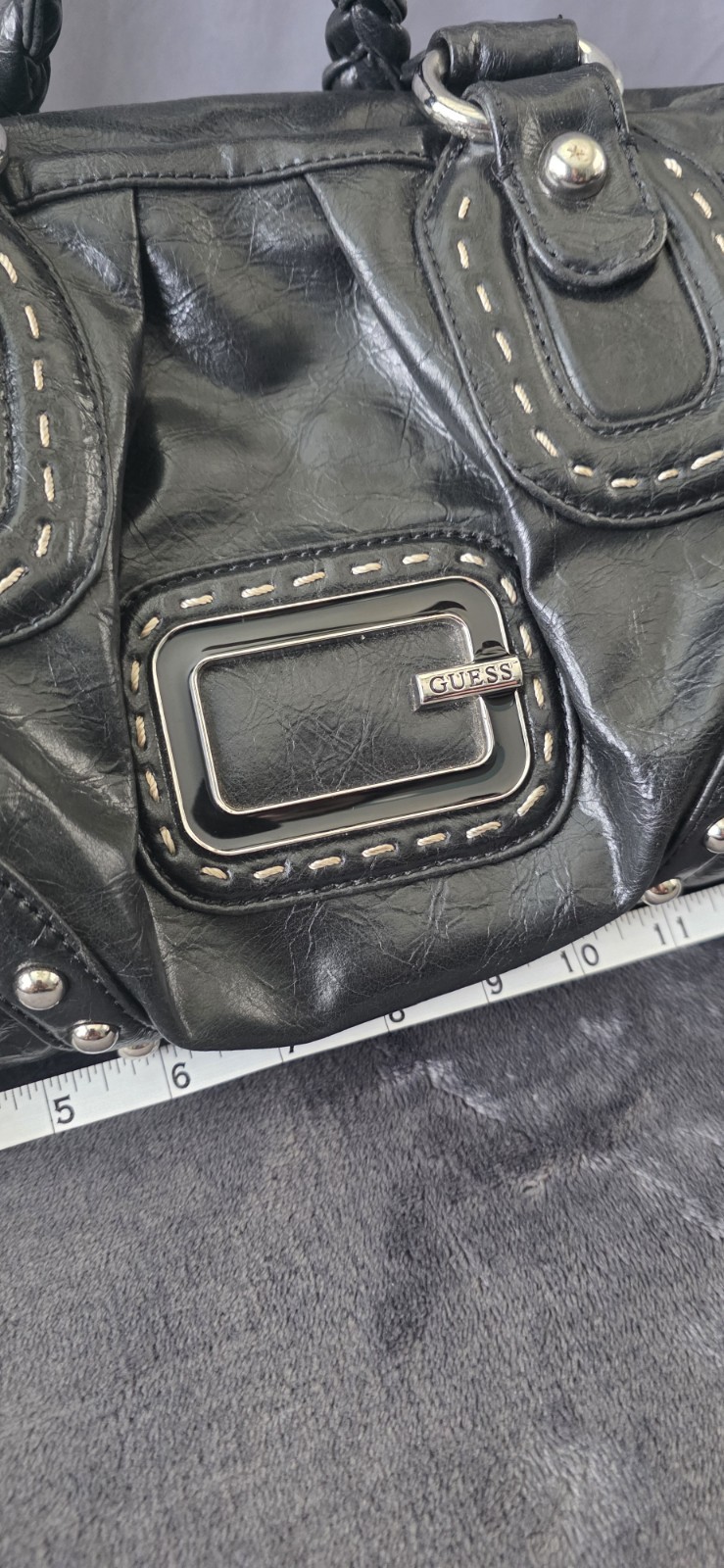 GUESS Black Logo Satchel Top Handle Bag Studded Silver Hardware Zip Closure