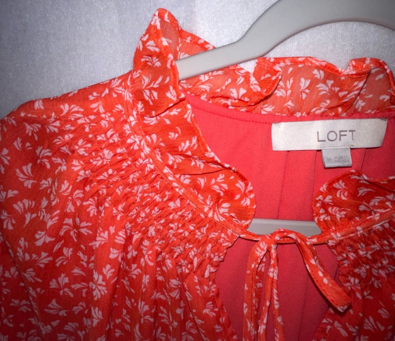 LOFT Orange Floral Ruffle Neck Tie Front Blouse Size M