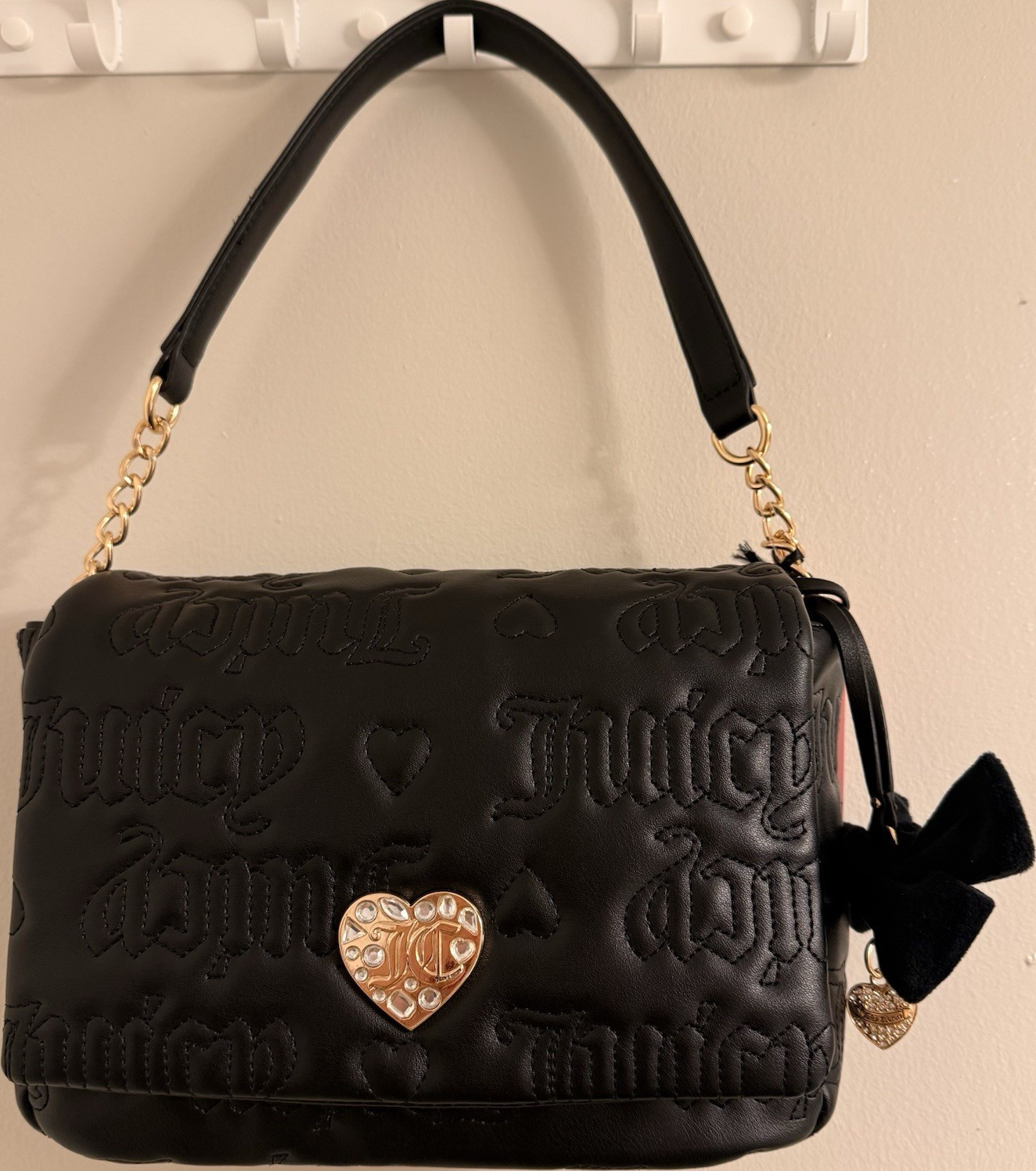Juicy Couture Black Embossed Logo Shoulder Bag Gold Hardware Bow Heart Charms