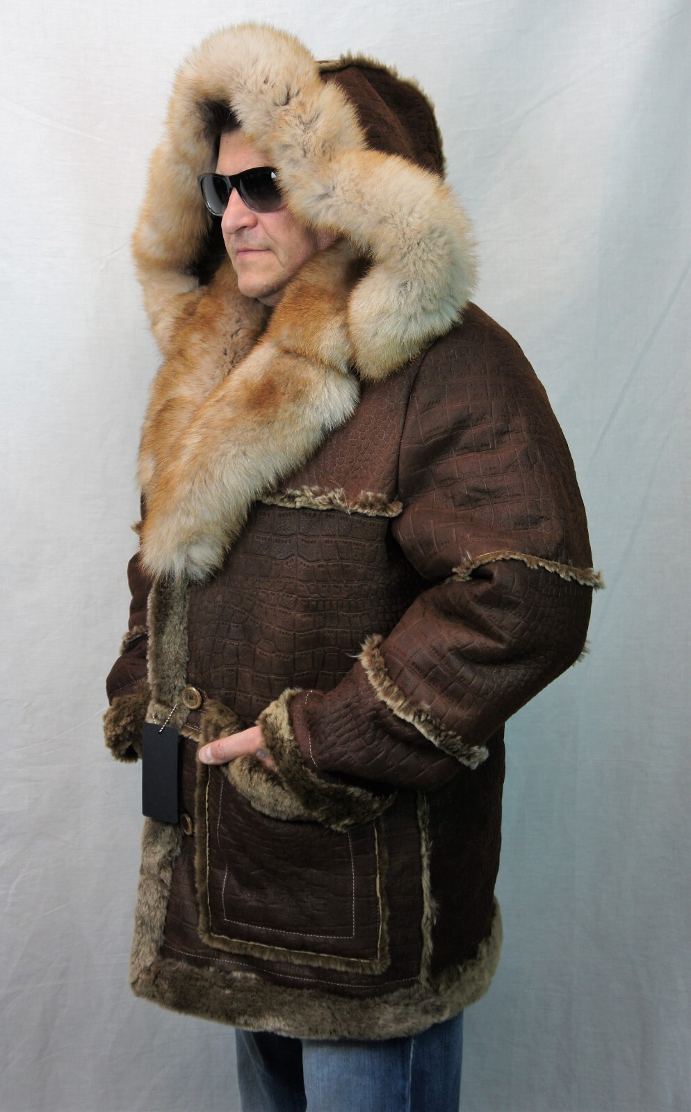 WHISKEY REAL SHEEPSKIN SHEARLING LEATHER REAL FOX MARLBORO TRENCH Coat S-8XL