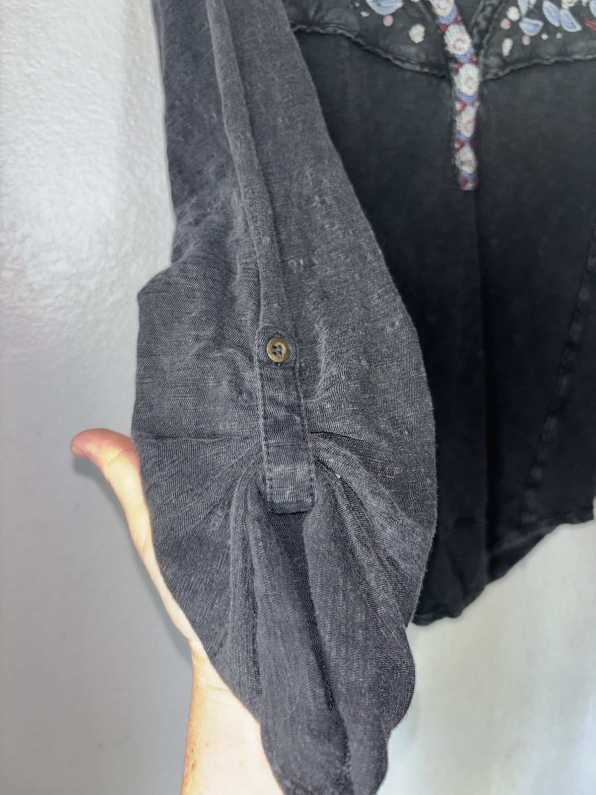 Style & Co Petite Embroidered Henley Top Black Cotton Roll Tab Sleeve S