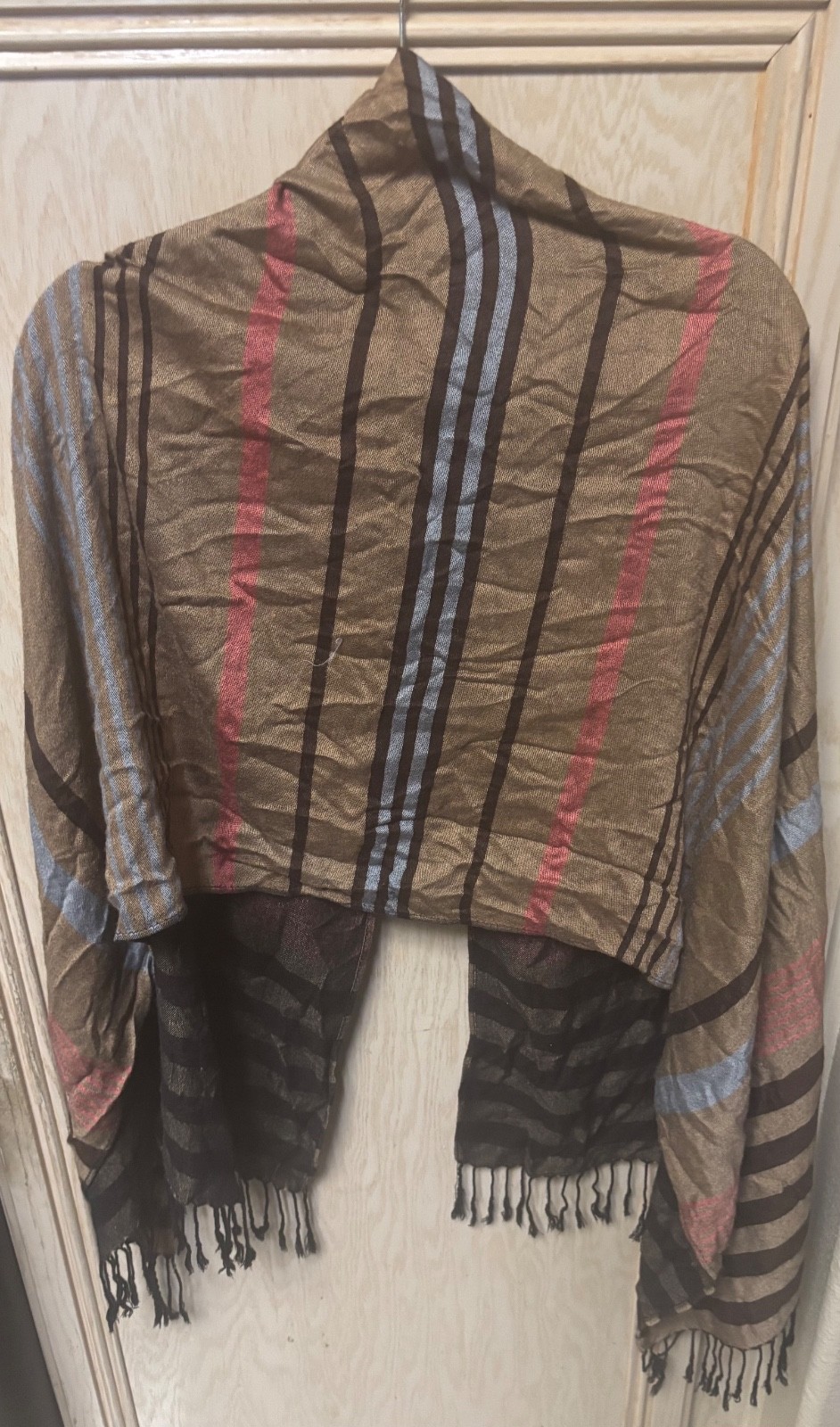 Women’s 100% Pashmina Shawl Wrap Scarf Brown Blue Pink Striped Tassel Sz 72×26”