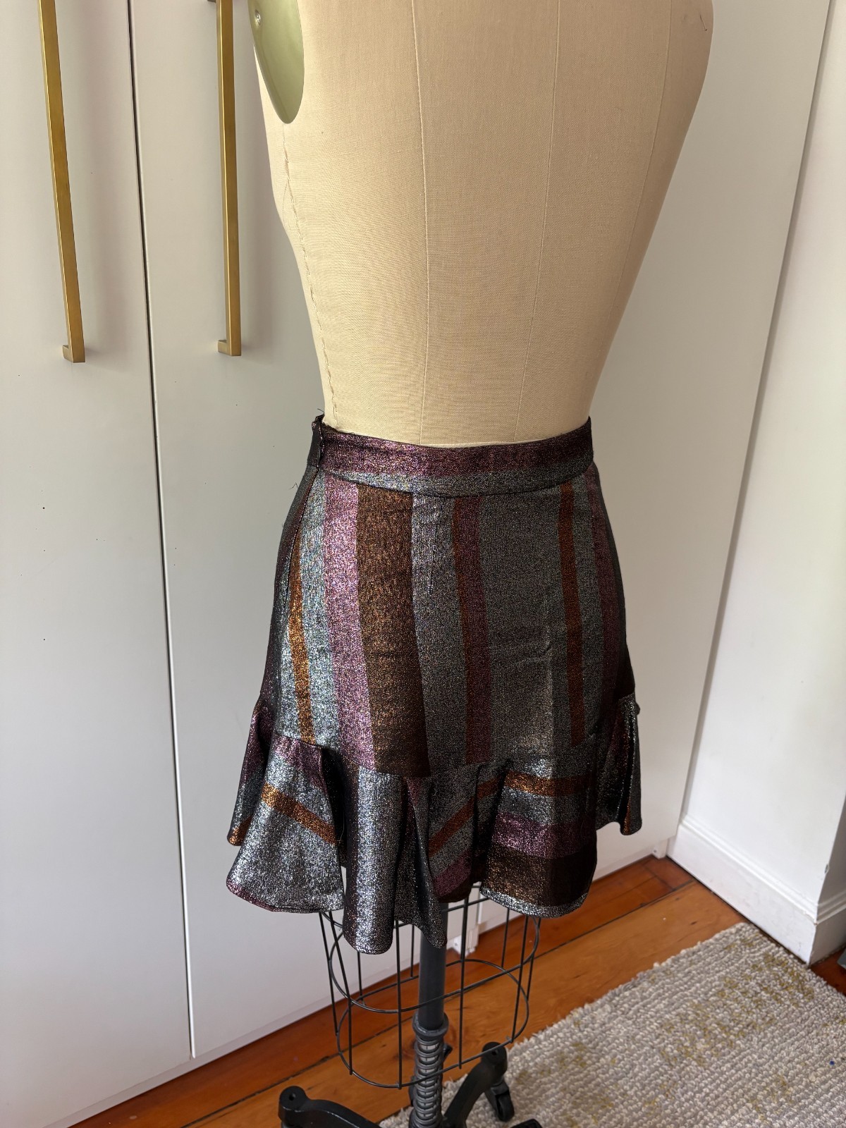 Derek Lam Metallic Shimmery Multi Colo Striped Mini Skirt With Ruffle Size 0