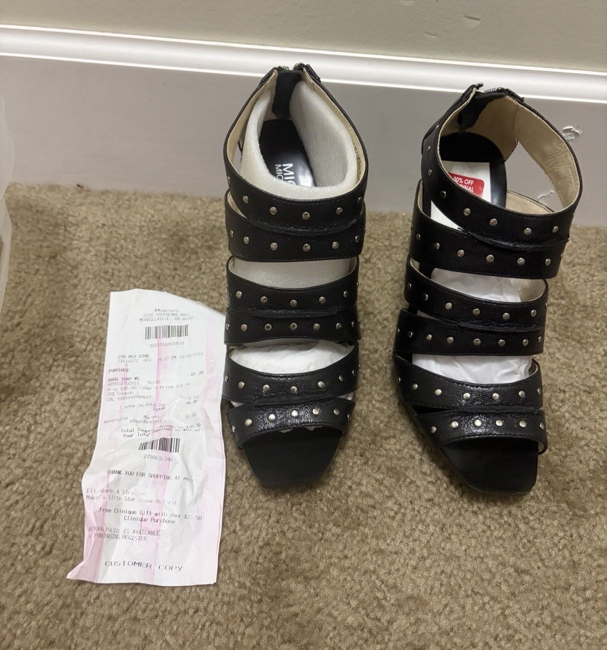 Michael Kors Women’s Black Leather Strappy Studded Zip Open Toe Heels US 7