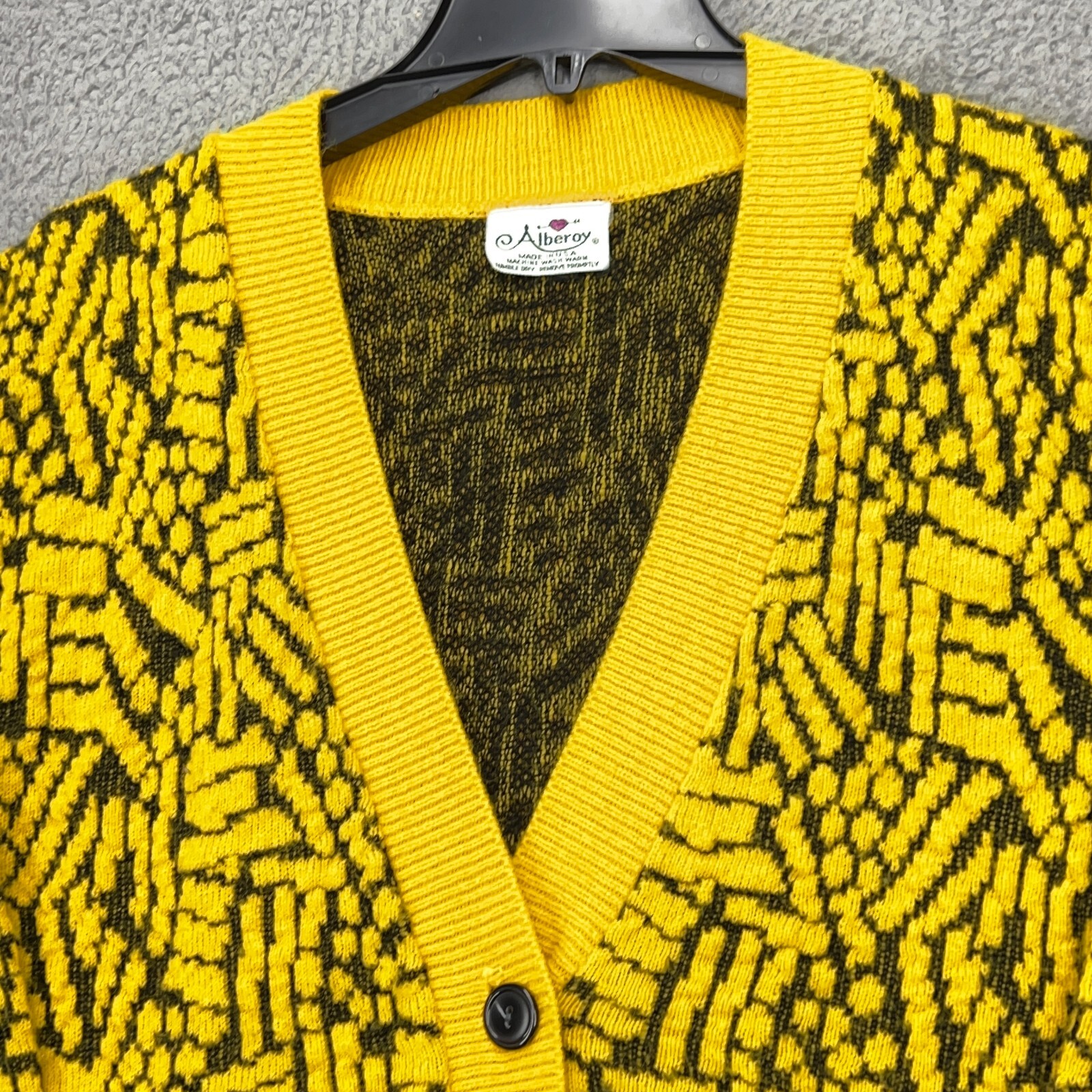 Alberoy Cardigan Sweater Womens Medium Yellow Geometric Vintage Hipster Retro