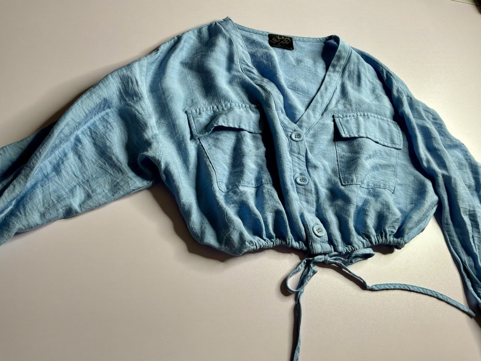 Mill x Honey Blue Chambray Blouse S V-Neck Long Sleeve Button Drawstring Solid