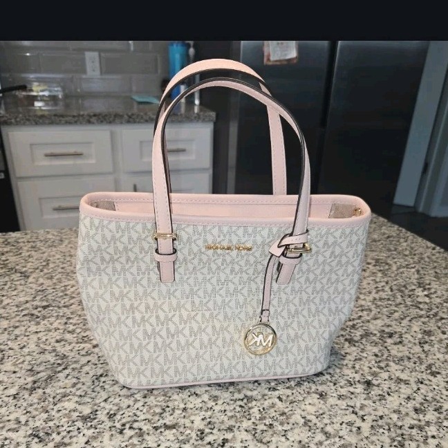 Michael Kors Jet Set XS Logo Tote Zip Top Lined Gold Hardware Blush/Gray