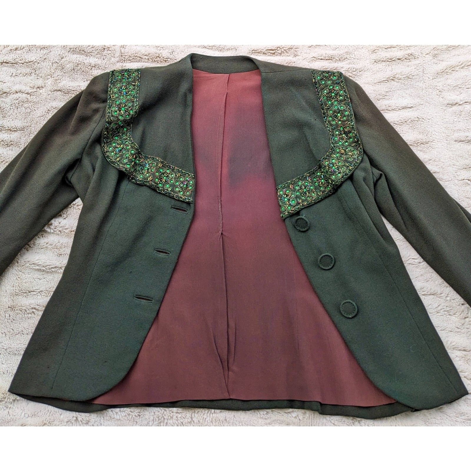 VTG 30s/40s Benham Original Beaded & Crystal Embellished Green Wool Jacket, Sz 8