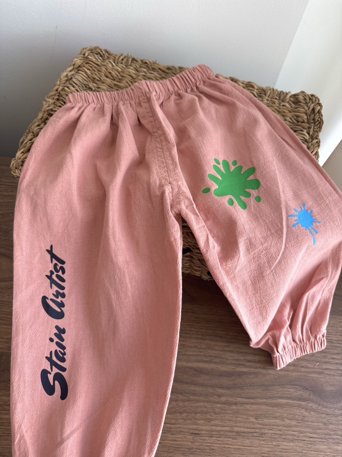 Pink Paint Splatter Graphic 100% Cotton Trousers, Elastic Waist, 12-18M