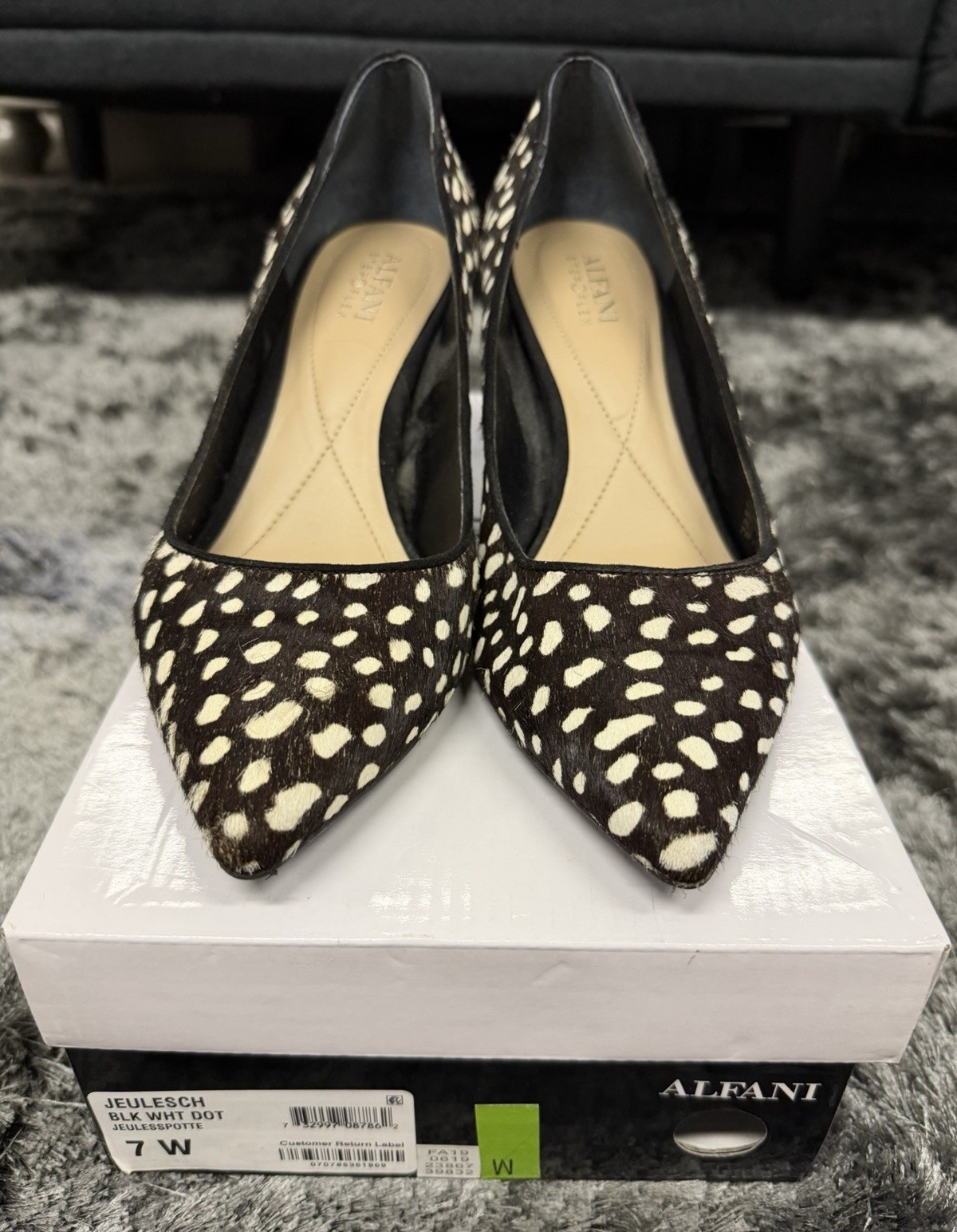 Alfani Black White Polka Dot Faux Fur Slip On Pointed Toe Pump Heel 7W