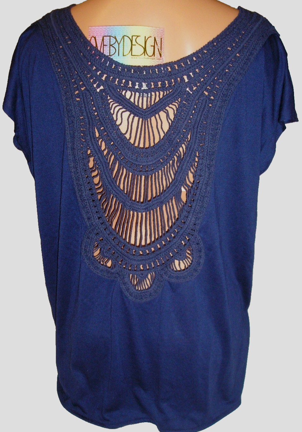 Love By Design Dark Blue Pocket Front Crochet Back Top, Large NEW NWT