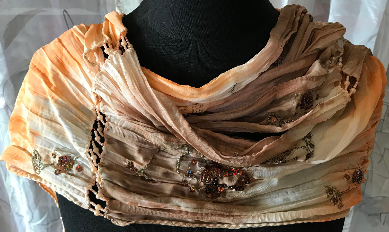 Timeless Top Scarf Approx. 11×66 7/8in Aprikot-Braun Gradient Embroidered Beads