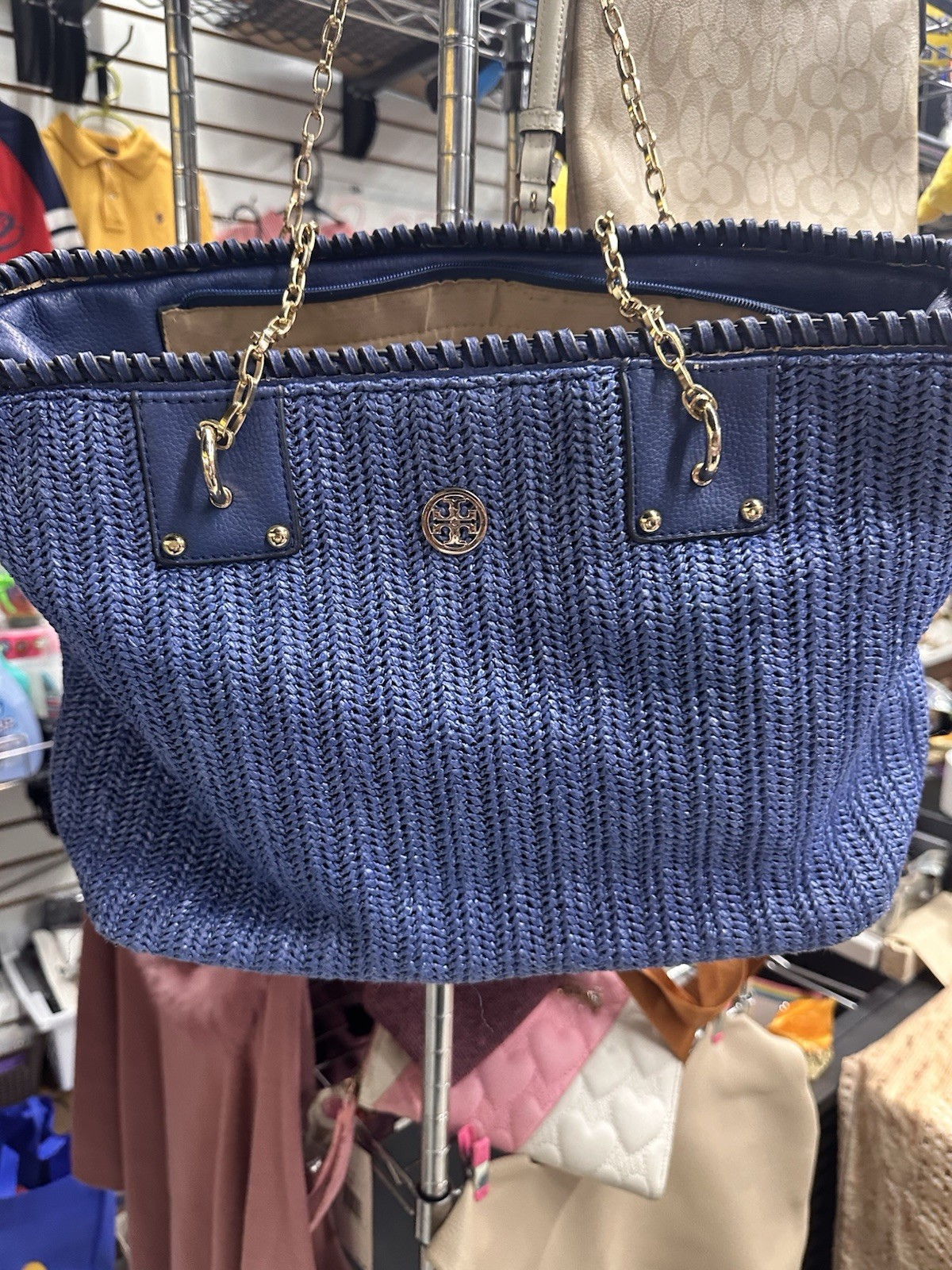 Tory Burch Vintage Woven Basket Bag Large Tote Chain Shoulder Used From Japan