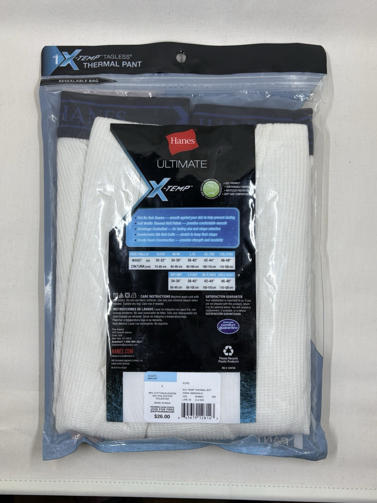 Hanes Men’s X-Temp Thermal Pants Grey Size Large NEW Free Shipping