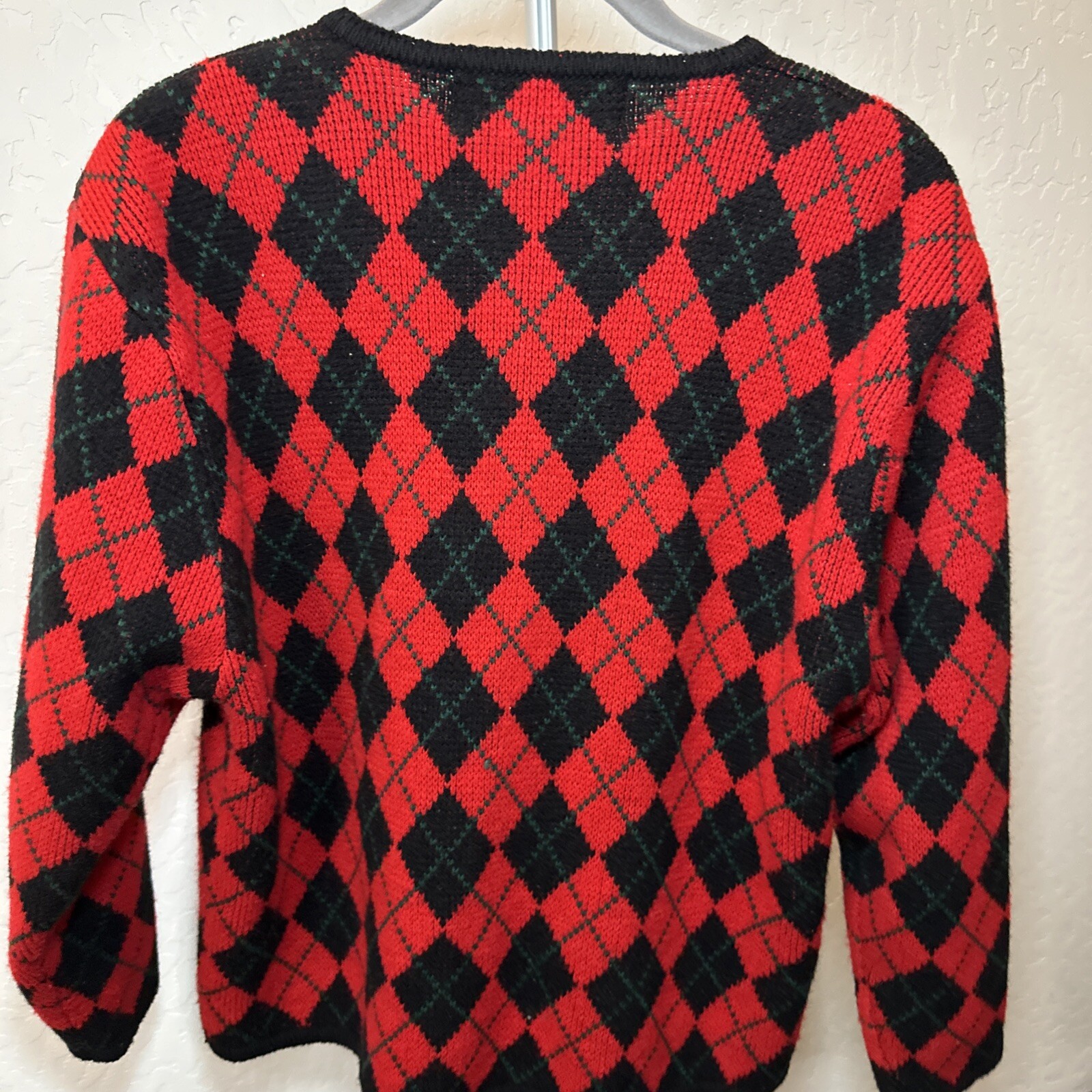 Red Argyle Cardigan Womens Large Black Crystal Gold Button VTG Diamond Sweater