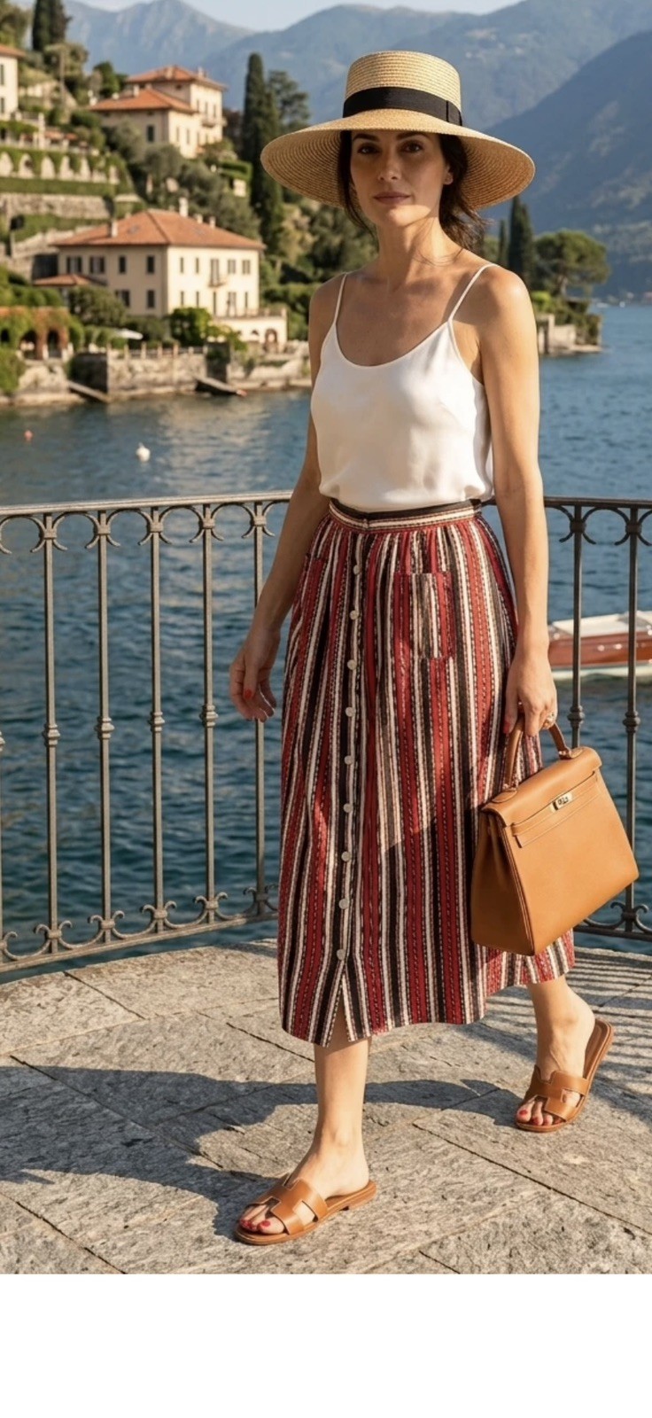 DOEN Amaris skirt Red green multicolor Small stripe button front cotton midi