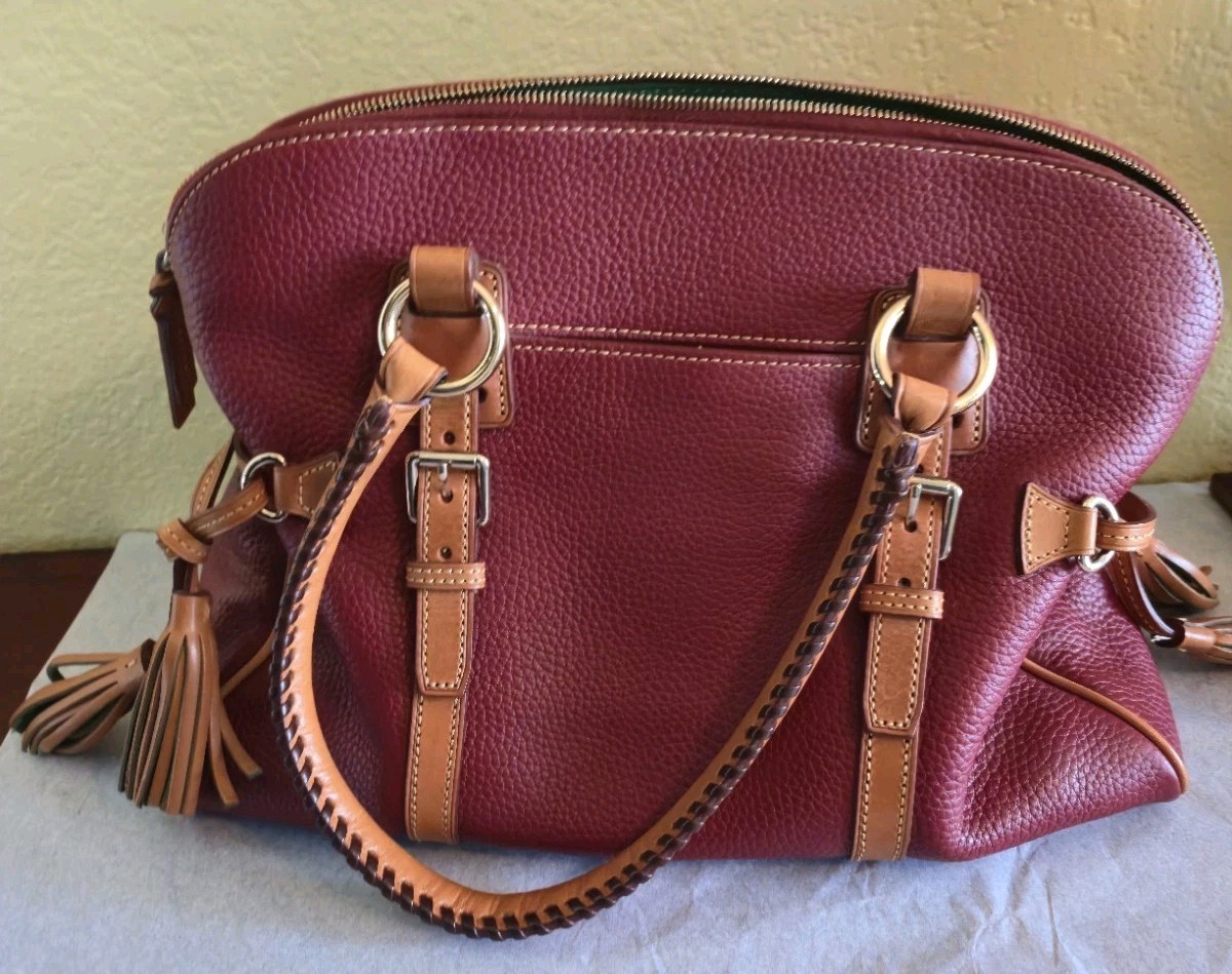 Dooney & Bourke Red Satchel Top Handle Zip Tassel Gold Hardware Bottom Studs
