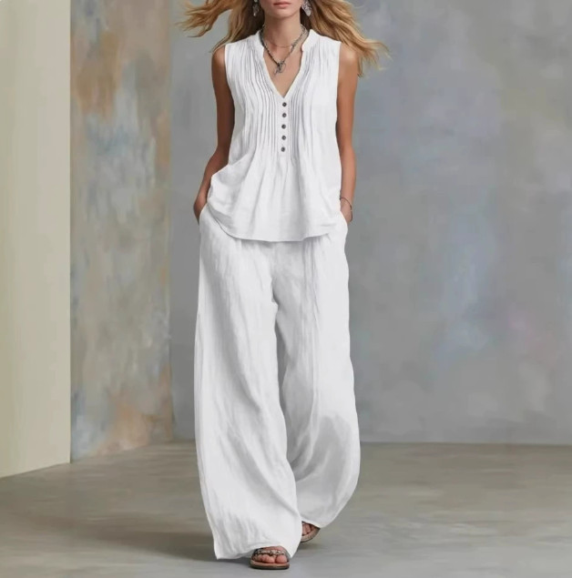 Womens 2 Piece Lounge Set V Neck Sleeveless Top Wide Leg Pants Casual Outfits