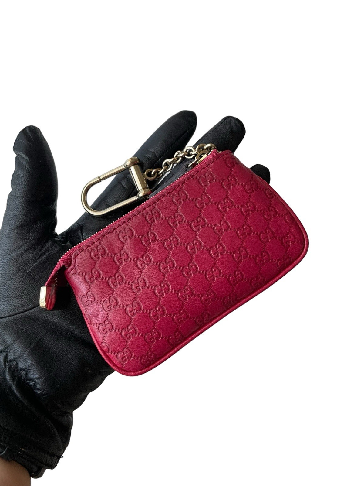 GUCCI Micro Guccissima GG Leather Ruby Pink Key Ring Coin Case Pouch