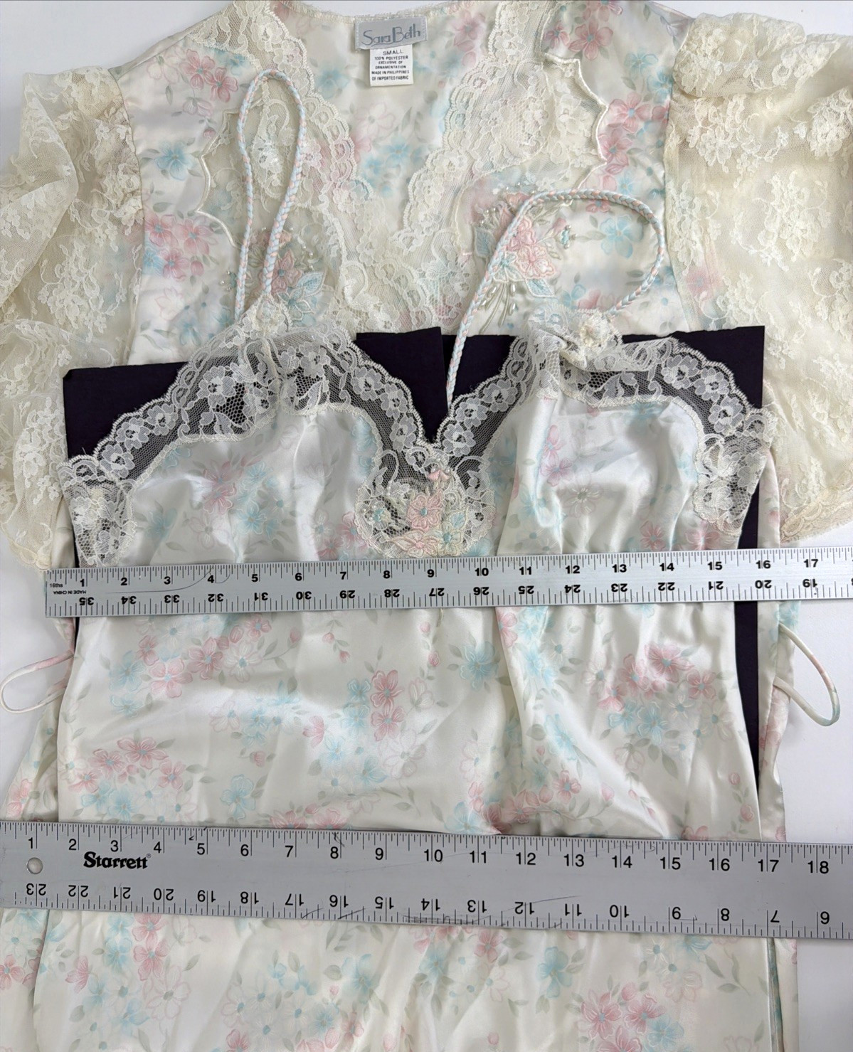 VTG Sara Beth Satin Poly Nightgown Robe Set Pink/Blue Floral Lace Bridal Small