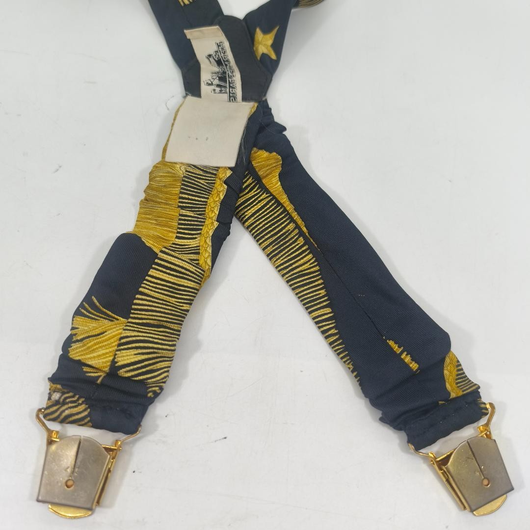Hermes Paris Silk Suspenders Black Multicolor All Over Pattern Length 82cm w/Box
